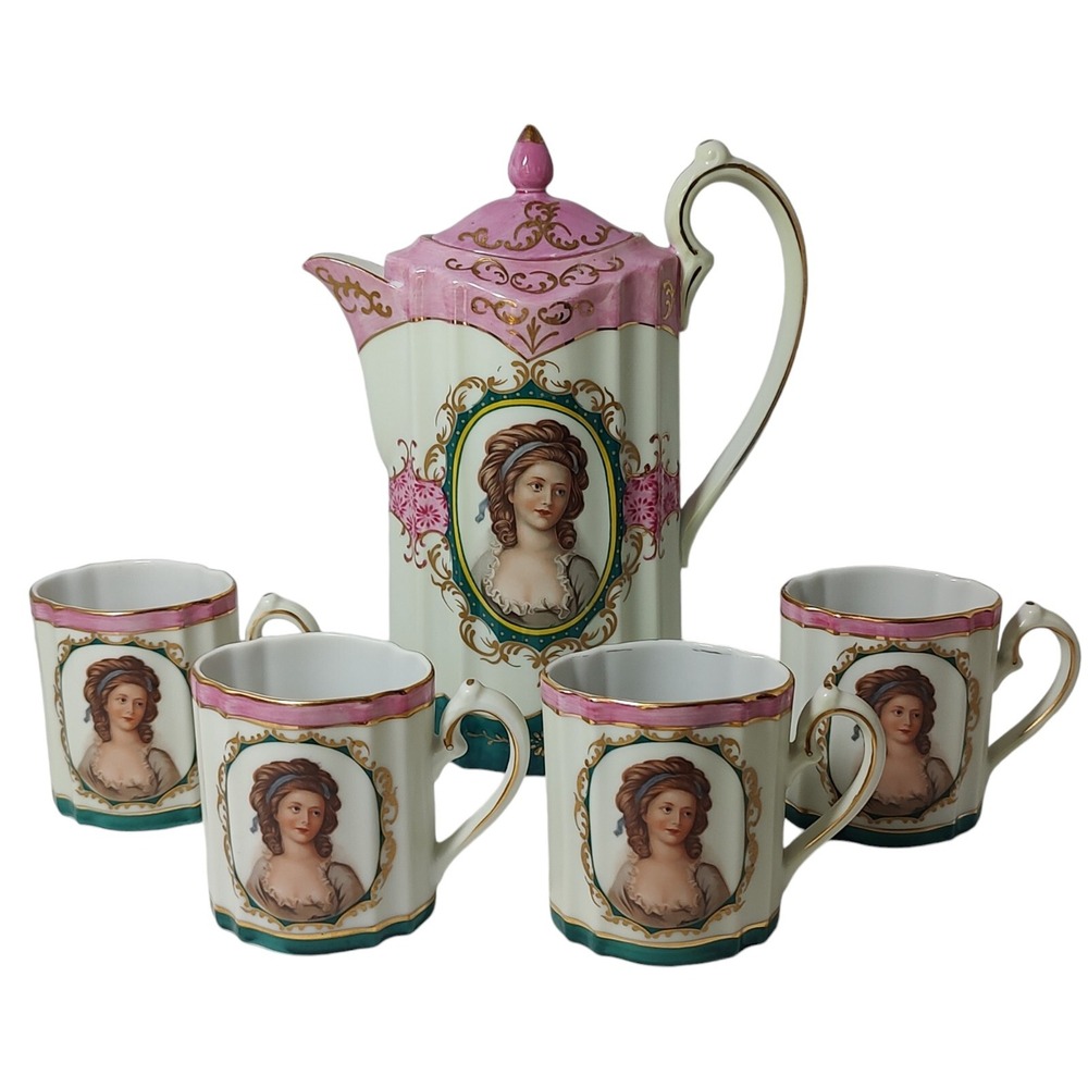 Vintage Royal Vienna Chocolate Pot with Four Cups Set Victorian‎ Woman Pink Tea